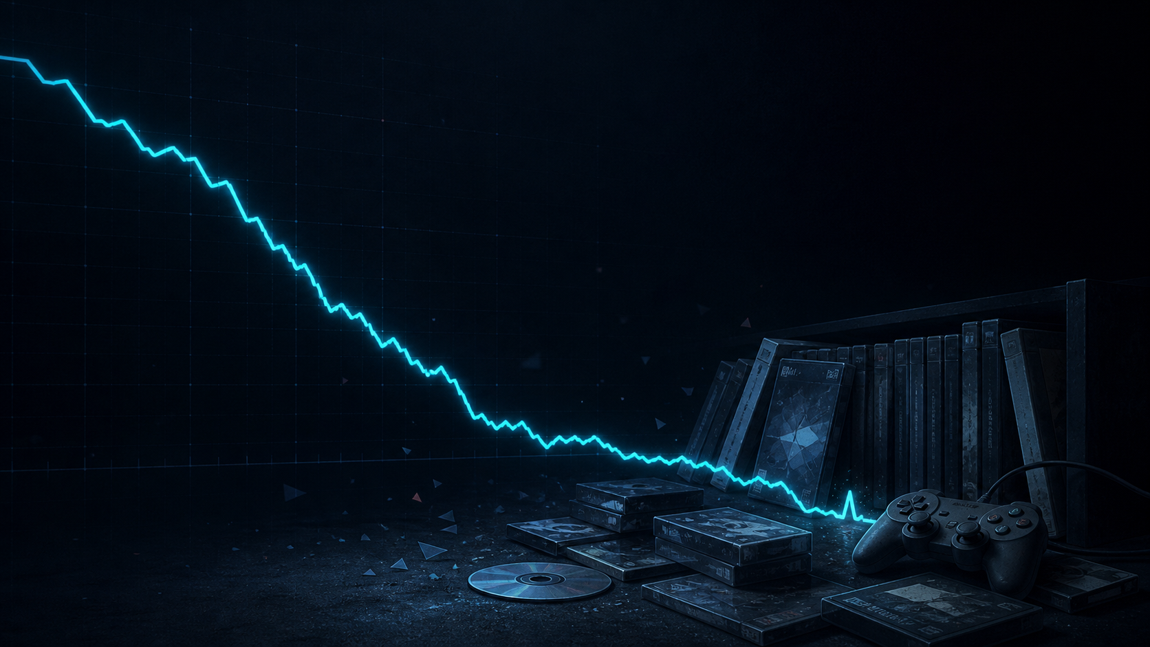 A cyan player-count chart descending toward a shelf of forgotten games